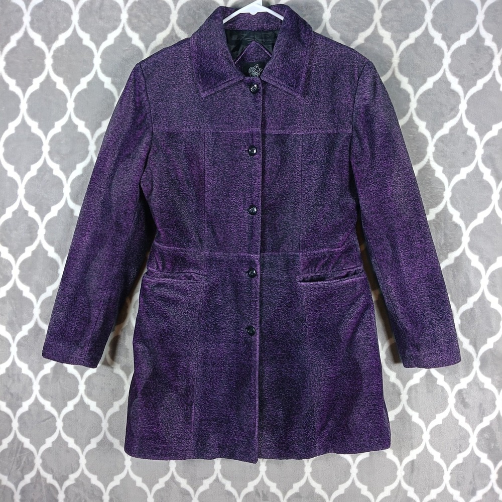 Dollhouse Pea Coat Women‎ Medium Purple Black Faux Fur Textured Button Front